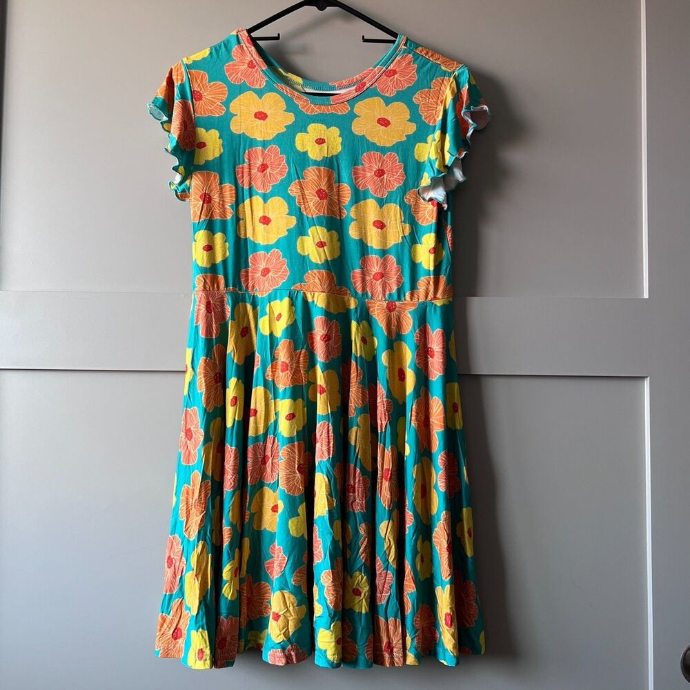 Paradise Now Hawaii Floral Babydoll Dress Girls Youth Large Blue Beach Bamboo‎